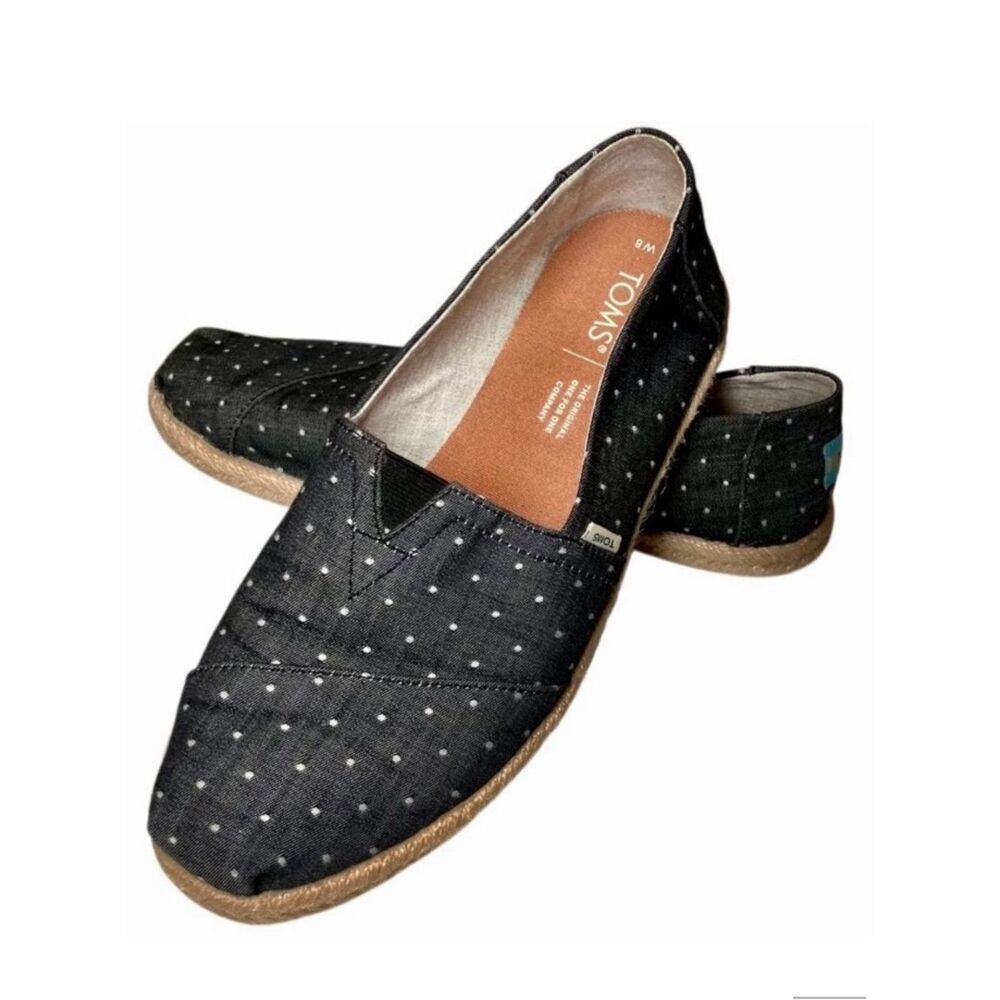 TOMS Venice Collection Polka Dot Chambray Alpargatas in Black/White Women’s 8